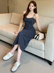 DAZY 女士长款休闲牛仔背带连衣裙，带口袋，可作吊带裙或长款连衣裙 - 藏蓝色 - 查看 4
