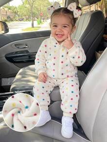 SHEIN 女嬰可愛秋冬米色波點毛絨立領夾克與鬆緊腰長褲套裝 - 米色 - 查看 4