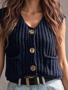 Glimmora Women's Solid Color Sleeveless Single-Breasted Cardigan, Autumn & Winter,Sleeveless Tops - Navy Blue - View 2