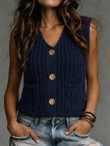 Glimmora Women's Solid Color Sleeveless Single-Breasted Cardigan, Autumn & Winter,Sleeveless Tops - Navy Blue - View 4