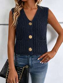 Glimmora Women's Solid Color Sleeveless Single-Breasted Cardigan, Autumn & Winter,Sleeveless Tops - Navy Blue - View 6