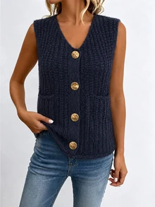 Glimmora Women's Solid Color Sleeveless Single-Breasted Cardigan, Autumn & Winter,Sleeveless Tops - Navy Blue - View 8