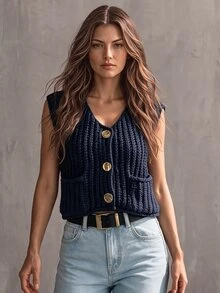 Glimmora Women's Solid Color Sleeveless Single-Breasted Cardigan, Autumn & Winter,Sleeveless Tops - Navy Blue - View 1
