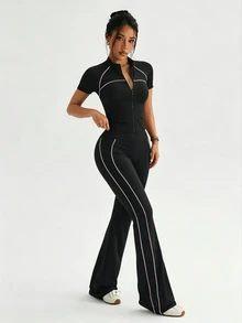 Dewbera Dewbera 2PCS Women's Sports Set Black And White Tight Fit Raglan Short Sleeve Contrast Stripe Stand Collar Full Zip Jacket Flare Pants Athleisure Gym Summer - Black - View 7