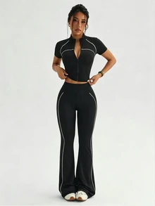 Dewbera Dewbera 2PCS Women's Sports Set Black And White Tight Fit Raglan Short Sleeve Contrast Stripe Stand Collar Full Zip Jacket Flare Pants Athleisure Gym Summer - Black - View 3