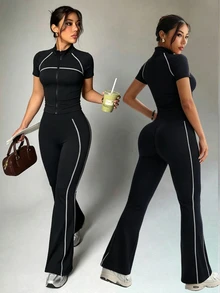 Dewbera Dewbera 2PCS Women's Sports Set Black And White Tight Fit Raglan Short Sleeve Contrast Stripe Stand Collar Full Zip Jacket Flare Pants Athleisure Gym Summer - Black - View 2