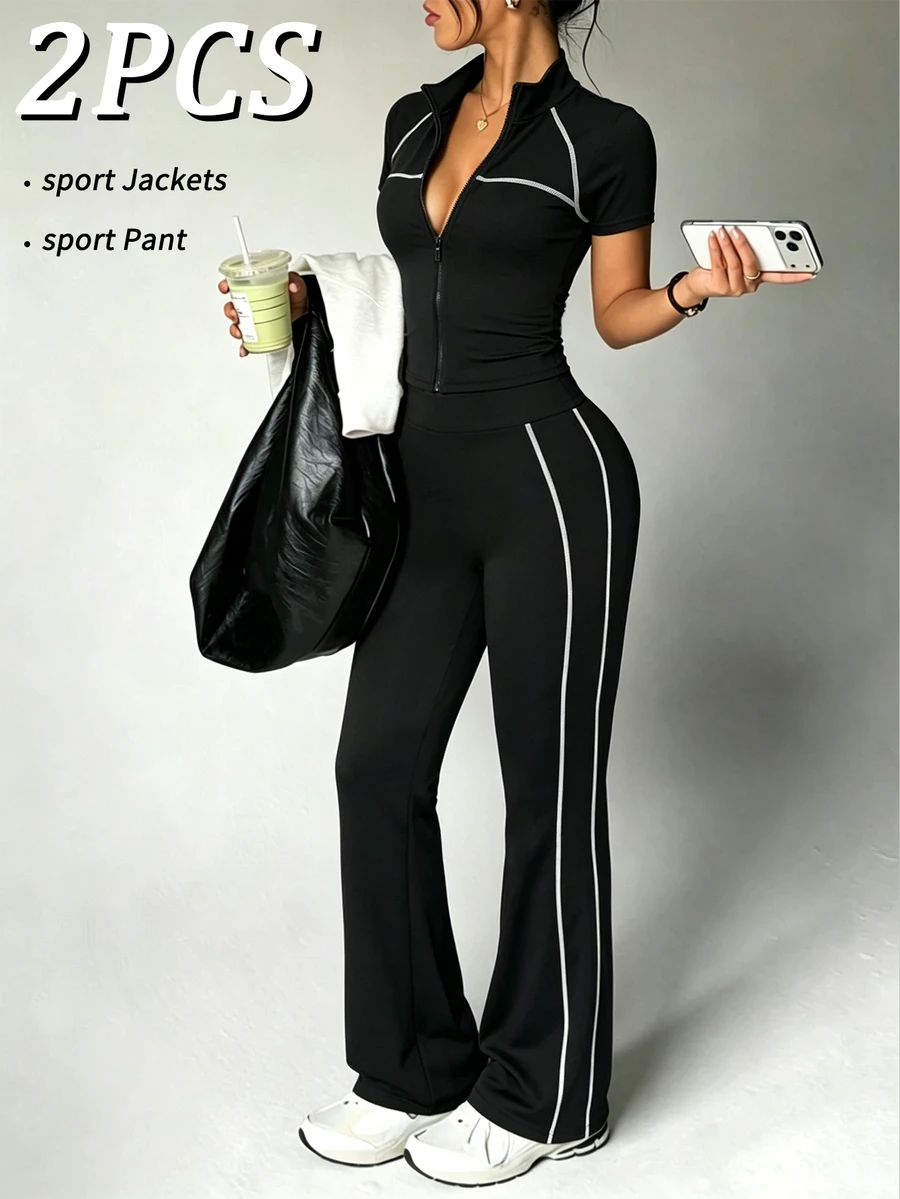 Dewbera Dewbera 2PCS Women's Sports Set Black And White Tight Fit Raglan Short Sleeve Contrast Stripe Stand Collar Full Zip Jacket Flare Pants Athleisure Gym Summer - Black - View 1
