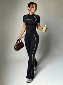 Dewbera Dewbera 2PCS Women's Sports Set Black And White Tight Fit Raglan Short Sleeve Contrast Stripe Stand Collar Full Zip Jacket Flare Pants Athleisure Gym Summer - Black - View 5
