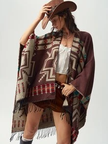 Bohemela Autumn Vintage Western Women's Boho Pattern Fringe Hem Versatile Double-Sided Wear Cardigan Poncho Daily Concert Party Everyday Travel Vacation Brown - Chocolate Brown - View 6