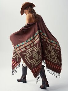 Bohemela Autumn Vintage Western Women's Boho Pattern Fringe Hem Versatile Double-Sided Wear Cardigan Poncho Daily Concert Party Everyday Travel Vacation Brown - Chocolate Brown - View 3