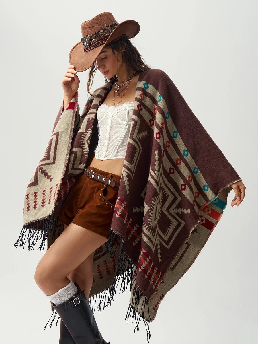 Bohemela Autumn Vintage Western Women's Boho Pattern Fringe Hem Versatile Double-Sided Wear Cardigan Poncho Daily Concert Party Everyday Travel Vacation Brown - Chocolate Brown - View 1