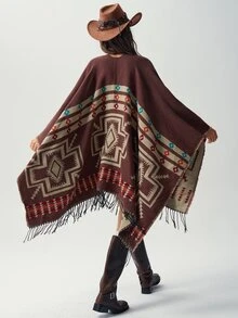 Bohemela Autumn Vintage Western Women's Boho Pattern Fringe Hem Versatile Double-Sided Wear Cardigan Poncho Daily Concert Party Everyday Travel Vacation Brown - Chocolate Brown - View 8