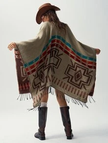 Bohemela Autumn Vintage Western Women's Boho Pattern Fringe Hem Versatile Double-Sided Wear Cardigan Poncho Daily Concert Party Everyday Travel Vacation Brown - Chocolate Brown - View 9