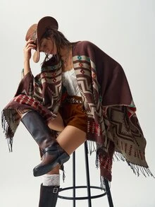 Bohemela Autumn Vintage Western Women's Boho Pattern Fringe Hem Versatile Double-Sided Wear Cardigan Poncho Daily Concert Party Everyday Travel Vacation Brown - Chocolate Brown - View 2