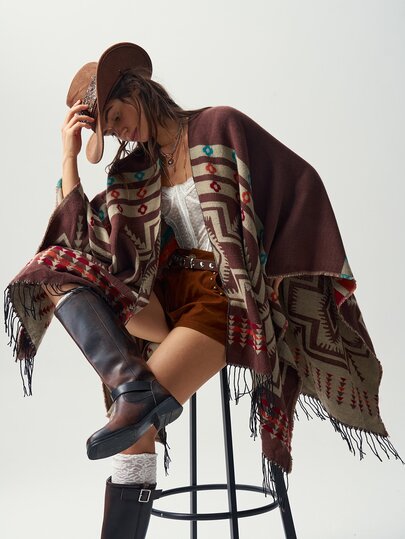 Bohemela Summer/Fall Vintage Women's Boho Pattern Fringe Hem Versatile Double-Sided Wear Cardigan/Poncho,Daily Wear&Concert Party Outfit,Back To School Clothes