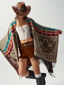 Bohemela Autumn Vintage Western Women's Boho Pattern Fringe Hem Versatile Double-Sided Wear Cardigan Poncho Daily Concert Party Everyday Travel Vacation Brown - Chocolate Brown - View 7