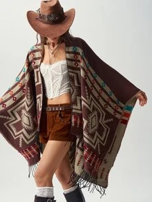 Bohemela Autumn Vintage Western Women's Boho Pattern Fringe Hem Versatile Double-Sided Wear Cardigan Poncho Daily Concert Party Everyday Travel Vacation Brown - Chocolate Brown - View 4