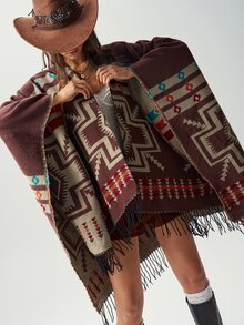 Bohemela Autumn Vintage Western Women's Boho Pattern Fringe Hem Versatile Double-Sided Wear Cardigan Poncho Daily Concert Party Everyday Travel Vacation Brown - Chocolate Brown - View 5