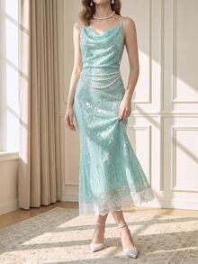 Suri Mira Mermaid Style Sequin Fabric With Lace Women Princess Dress,Romantic Elegant Fall Summer/Autumn/Winter,Luxury Evening Party - Aqua Green - View 5