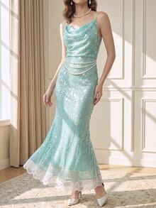 Suri Mira Mermaid Style Sequin Fabric With Lace Women Princess Dress,Romantic Elegant Fall Summer/Autumn/Winter,Luxury Evening Party - Aqua Green - View 3