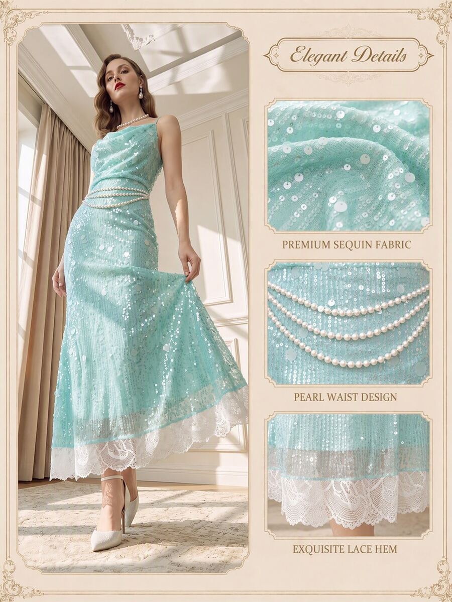 Suri Mira Mermaid Style Sequin Fabric With Lace Women Princess Dress,Romantic Elegant Fall Summer/Autumn/Winter,Luxury Evening Party - Aqua Green - View 1