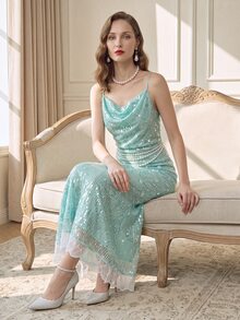 Suri Mira Mermaid Style Sequin Fabric With Lace Women Princess Dress,Romantic Elegant Fall Summer/Autumn/Winter,Luxury Evening Party - Aqua Green - View 8