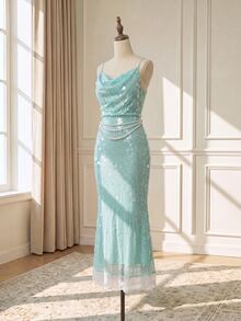 Suri Mira Mermaid Style Sequin Fabric With Lace Women Princess Dress,Romantic Elegant Fall Summer/Autumn/Winter,Luxury Evening Party - Aqua Green - View 6