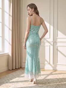 Suri Mira Mermaid Style Sequin Fabric With Lace Women Princess Dress,Romantic Elegant Fall Summer/Autumn/Winter,Luxury Evening Party - Aqua Green - View 2