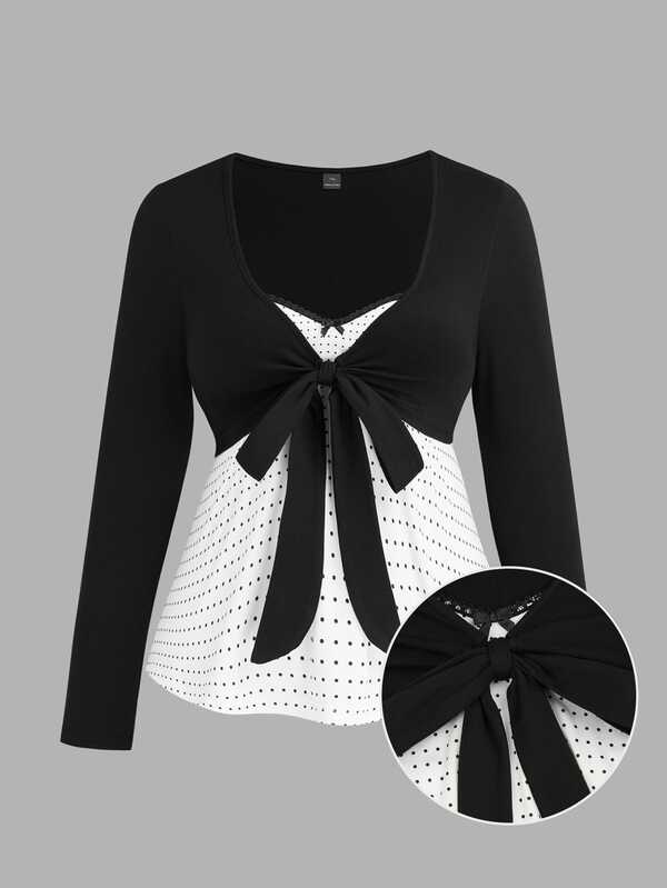 Sweetra Kaos Lengan Panjang Minimalis Blok Warna untuk Wanita Ukuran Plus, Kasual untuk Perjalanan, Musim Gugur