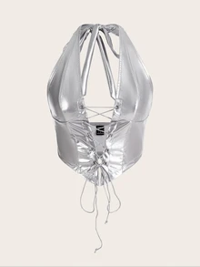 SHEIN ICON Lace Up Front Backless Halter Top - Silver - View 3