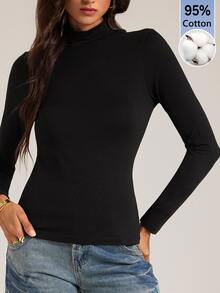 SHEIN Tall 極簡純色修身黑色高領上衣，適合秋冬，為高個女性設計 - 黑色 - 查看 9