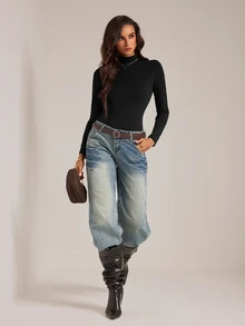 SHEIN Tall 極簡純色修身黑色高領上衣，適合秋冬，為高個女性設計 - 黑色 - 查看 7