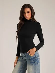SHEIN Tall 極簡純色修身黑色高領上衣，適合秋冬，為高個女性設計 - 黑色 - 查看 5