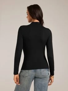 SHEIN Tall 極簡純色修身黑色高領上衣，適合秋冬，為高個女性設計 - 黑色 - 查看 2