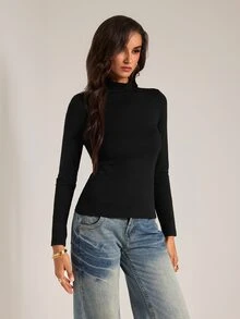 SHEIN Tall 極簡純色修身黑色高領上衣，適合秋冬，為高個女性設計 - 黑色 - 查看 8