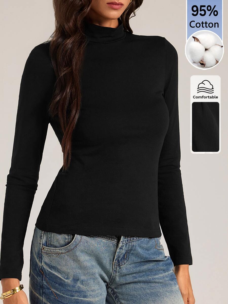 SHEIN Tall Minimalist Solid Color Slim Fit Black Turtleneck Top, Suitable For Autumn/Winter, Designed For Tall Women - Black - View 1