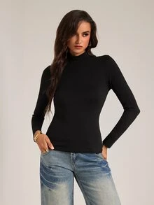 SHEIN Tall 極簡純色修身黑色高領上衣，適合秋冬，為高個女性設計 - 黑色 - 查看 6