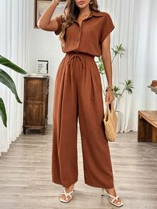 SHEIN Summer Linen Casual Open-Front Elastic Waist Wide Leg Black Jumpsuit - Brown - View 5
