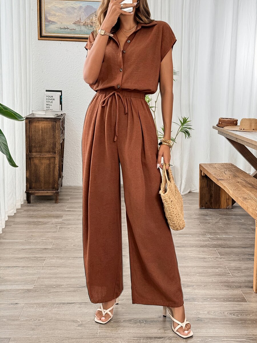 SHEIN Summer Linen Casual Open-Front Elastic Waist Wide Leg Black Jumpsuit