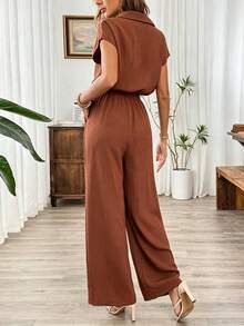 SHEIN Summer Linen Casual Open-Front Elastic Waist Wide Leg Black Jumpsuit - Brown - View 3