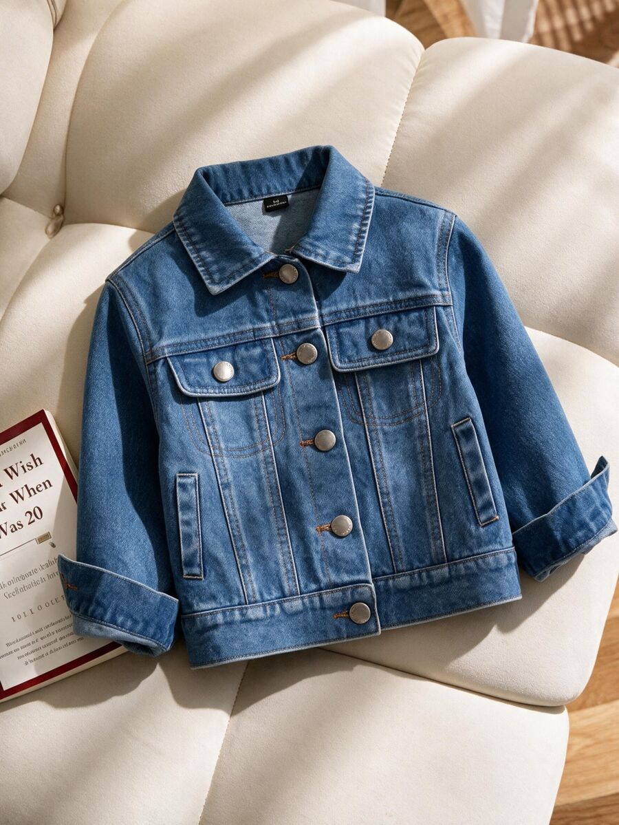 Girls' Denim Jacket Autumn Baby Blue. Loose Fit. Lightweight Soft Fabric, Comfortable, A Must-Have For Fashionable Girls, Simple Casual Cowboy