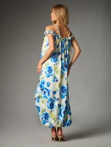 MISSGUIDED Floral Watercolor Hi-Low Maxi Dress Off-Shoulder Ruffle Neckline Halter Strap Flowing Chiffon Summer Holiday Beach Dress - Multicolor - View 2