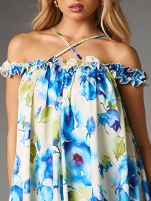 MISSGUIDED Floral Watercolor Hi-Low Maxi Dress Off-Shoulder Ruffle Neckline Halter Strap Flowing Chiffon Summer Holiday Beach Dress - Multicolor - View 6