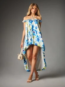 MISSGUIDED Floral Watercolor Hi-Low Maxi Dress Off-Shoulder Ruffle Neckline Halter Strap Flowing Chiffon Summer Holiday Beach Dress - Multicolor - View 3