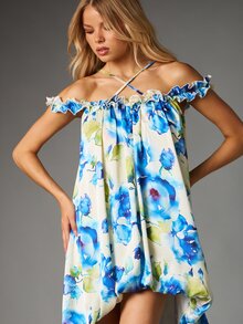 MISSGUIDED Floral Watercolor Hi-Low Maxi Dress Off-Shoulder Ruffle Neckline Halter Strap Flowing Chiffon Summer Holiday Beach Dress - Multicolor - View 4
