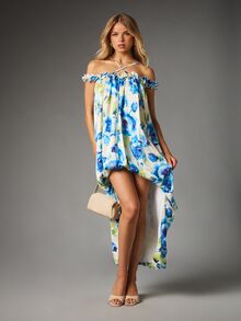 MISSGUIDED Floral Watercolor Hi-Low Maxi Dress Off-Shoulder Ruffle Neckline Halter Strap Flowing Chiffon Summer Holiday Beach Dress - Multicolor - View 5