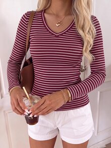 CovetEZ 95%棉女款V領聖誕紅條紋修身長袖T恤，休閒極簡日常百搭派對聚會復古龐克機場穿搭Y2K上衣，聖誕紅條紋，女款夏季穿搭，外出穿搭，龐克風穿搭 - 彩色 - 查看 3