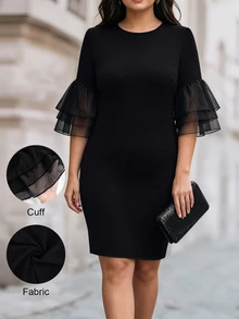 Velvienne Versatile Premium Contrast Mesh & Velvet Plus Size Dress - Black - View 1