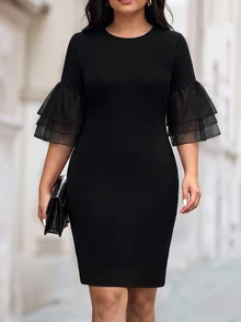 Velvienne Versatile Premium Contrast Mesh & Velvet Plus Size Dress - Black - View 3