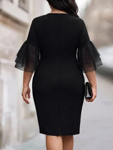 Velvienne Versatile Premium Contrast Mesh & Velvet Plus Size Dress - Black - View 2